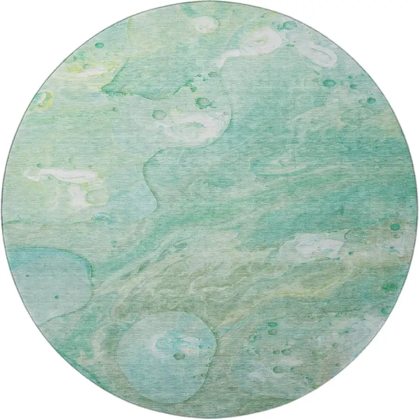 8' Teal And Ivory Abstract Washable Round Rug With UV Protection Photo 4