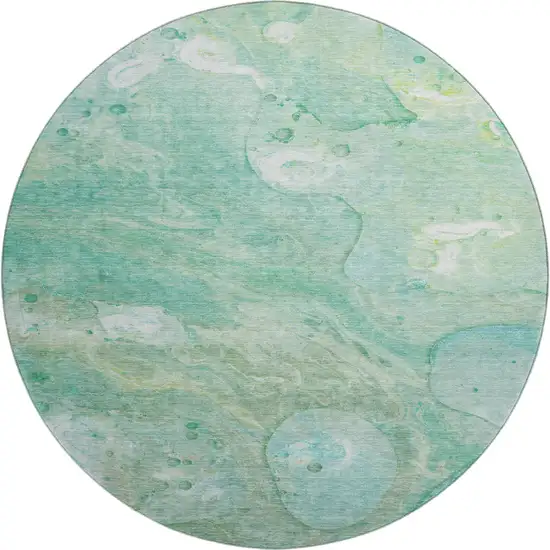 8' Teal And Ivory Abstract Washable Round Rug With UV Protection Photo 1