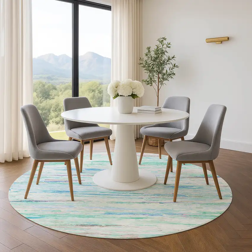 8' Teal And Ivory Abstract Washable Round Rug With UV Protection Photo 5
