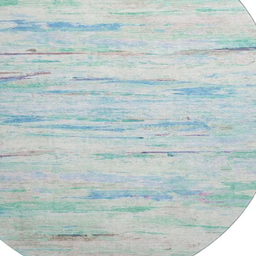 8' Teal And Ivory Abstract Washable Round Rug With UV Protection Photo 3