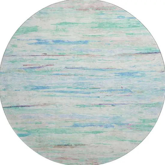8' Teal And Ivory Abstract Washable Round Rug With UV Protection Photo 4