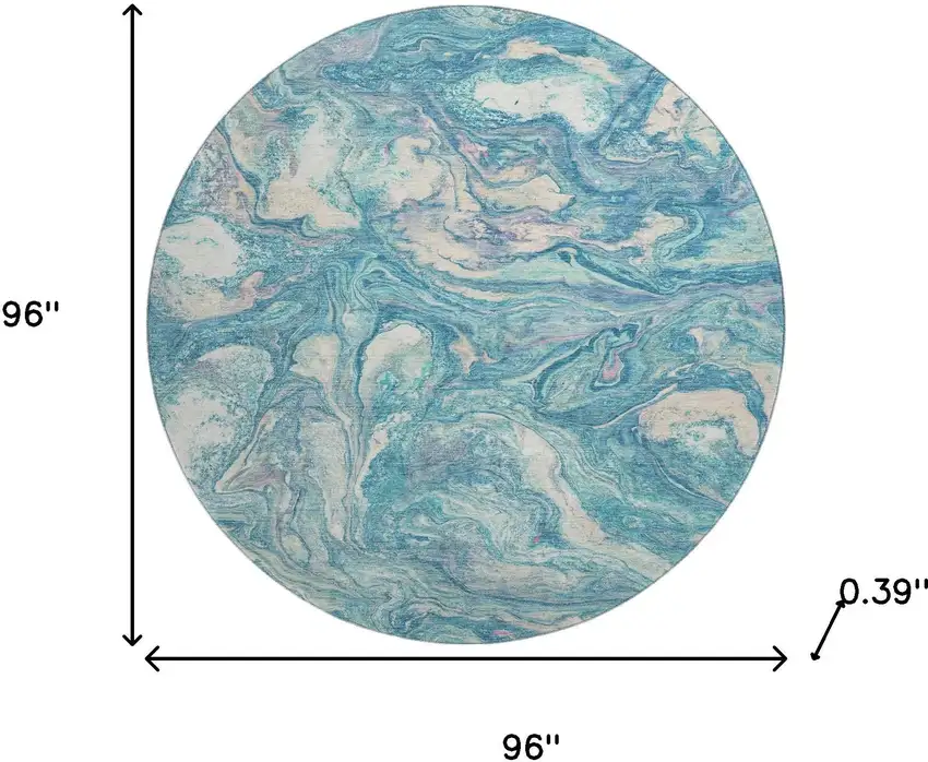8' Teal And Ivory Abstract Washable Round Rug With UV Protection Photo 7