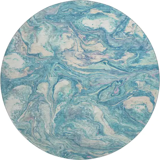 8' Teal And Ivory Abstract Washable Round Rug With UV Protection Photo 1