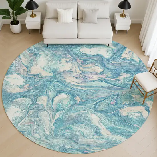 8' Teal And Ivory Abstract Washable Round Rug With UV Protection Photo 4