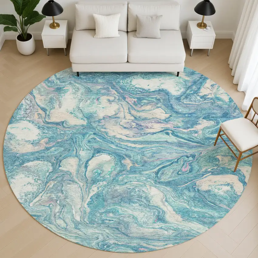 8' Teal And Ivory Abstract Washable Round Rug With UV Protection Photo 4
