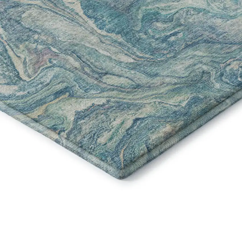 8' Teal And Ivory Abstract Washable Round Rug With UV Protection Photo 5