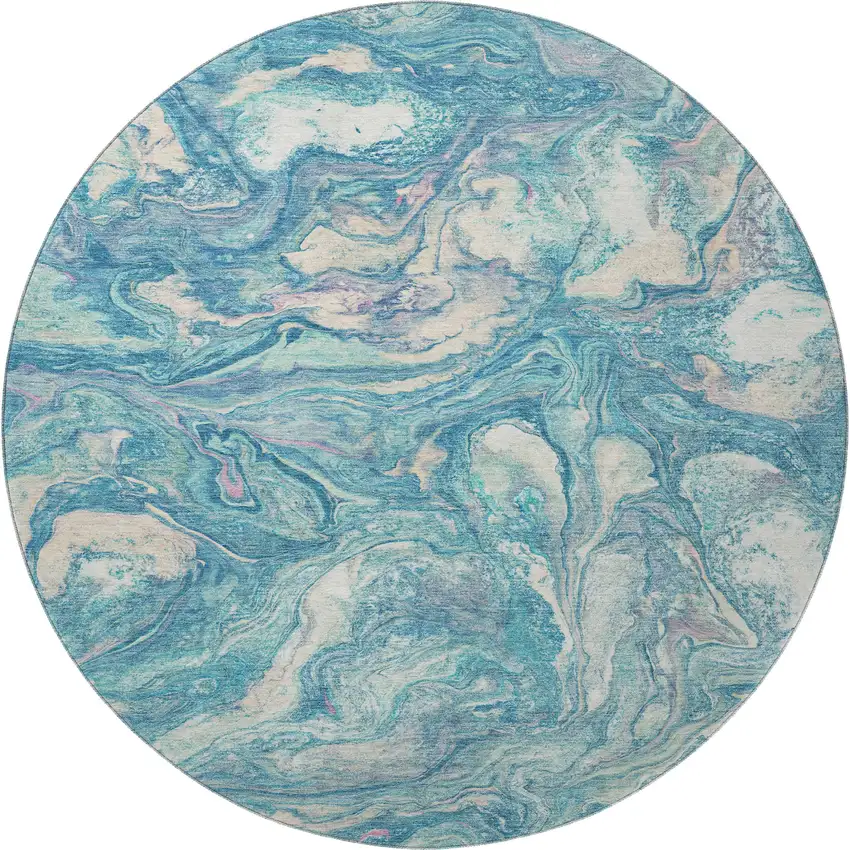 8' Teal And Ivory Abstract Washable Round Rug With UV Protection Photo 3