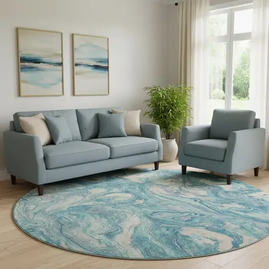 8' Teal And Ivory Abstract Washable Round Rug With UV Protection Photo 2