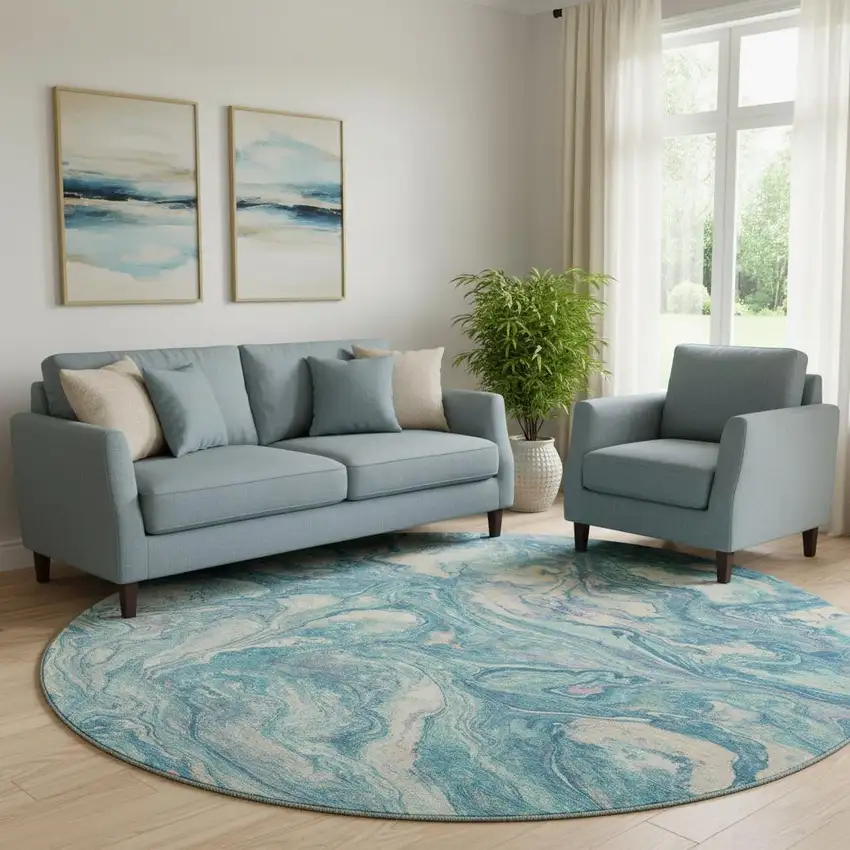 8' Teal And Ivory Abstract Washable Round Rug With UV Protection Photo 2