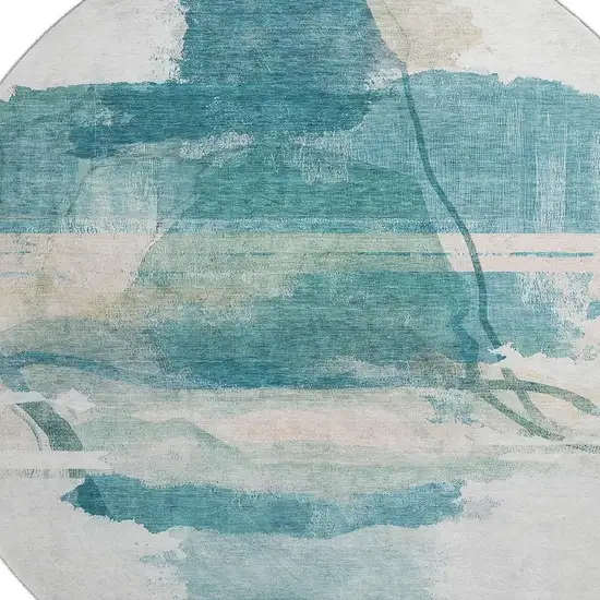 8' Teal And Ivory Abstract Washable Round Rug With UV Protection Photo 3