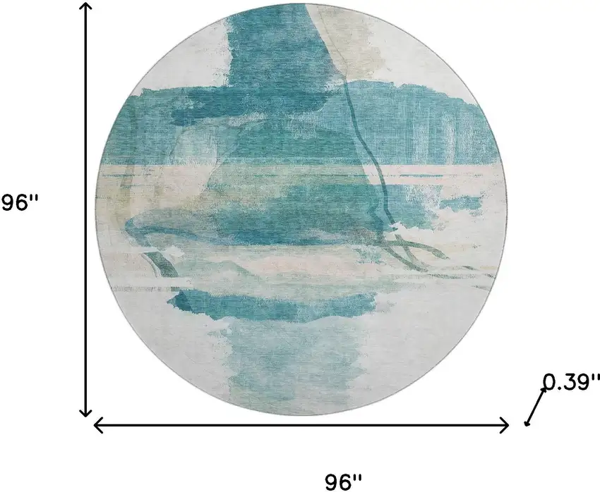 8' Teal And Ivory Abstract Washable Round Rug With UV Protection Photo 8
