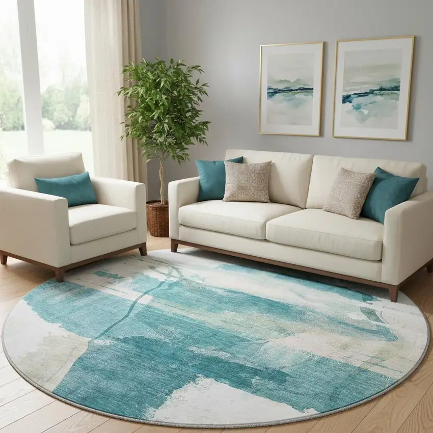 8' Teal And Ivory Abstract Washable Round Rug With UV Protection Photo 2