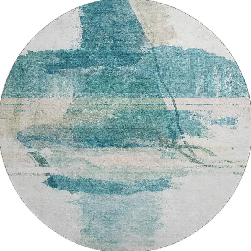 8' Teal And Ivory Abstract Washable Round Rug With UV Protection Photo 4