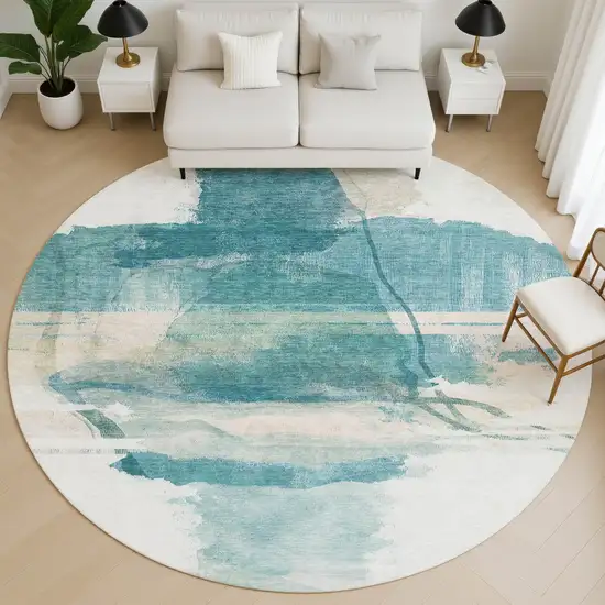 8' Teal And Ivory Abstract Washable Round Rug With UV Protection Photo 5