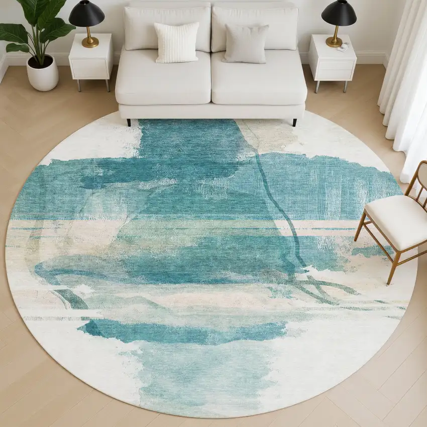 8' Teal And Ivory Abstract Washable Round Rug With UV Protection Photo 5