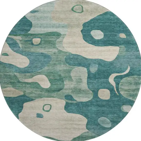 8' Teal And Ivory Abstract Washable Round Rug With UV Protection Photo 4