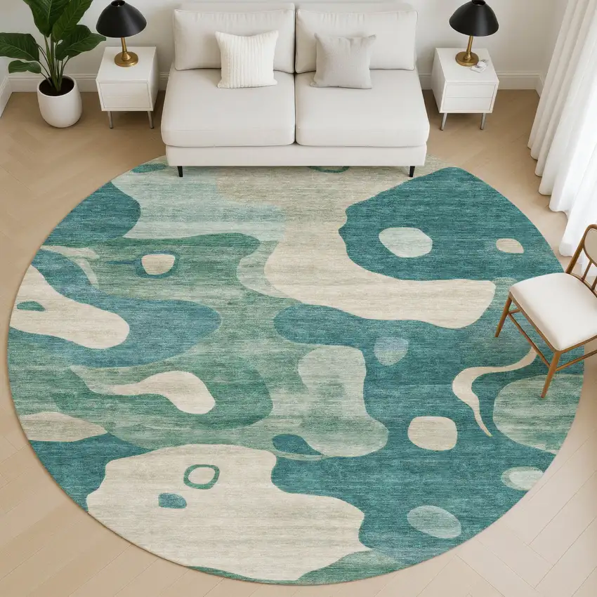8' Teal And Ivory Abstract Washable Round Rug With UV Protection Photo 5