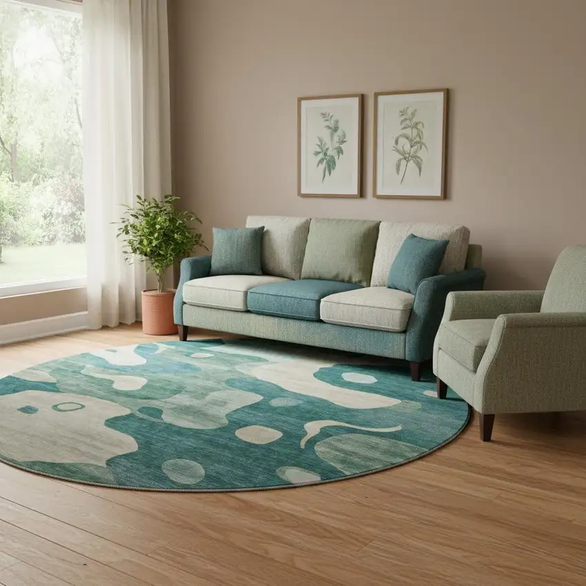 8' Teal And Ivory Abstract Washable Round Rug With UV Protection Photo 2