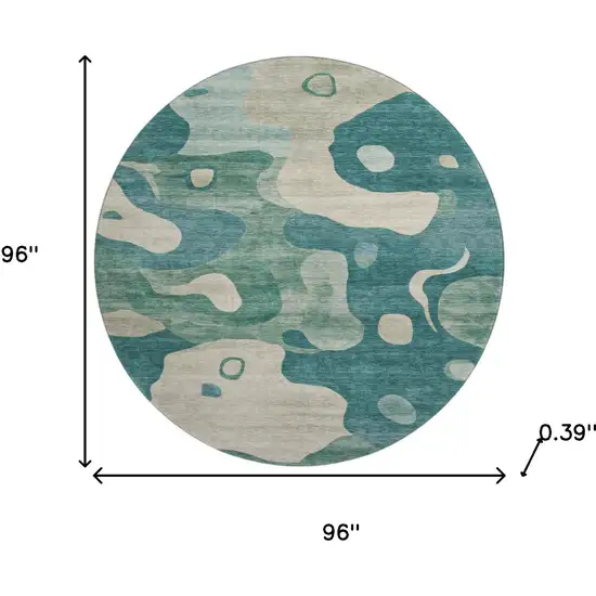 8' Teal And Ivory Abstract Washable Round Rug With UV Protection Photo 8