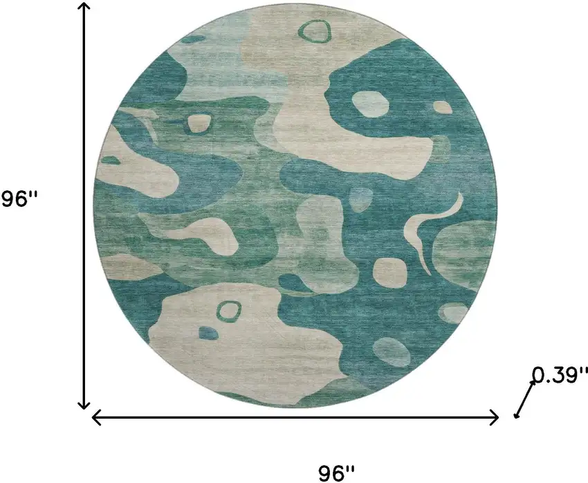 8' Teal And Ivory Abstract Washable Round Rug With UV Protection Photo 8