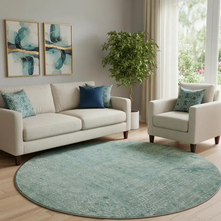 8' Teal And Ivory Abstract Washable Round Rug With UV Protection Photo 2