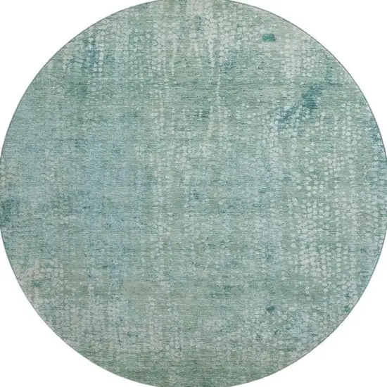 8' Teal And Ivory Abstract Washable Round Rug With UV Protection Photo 4