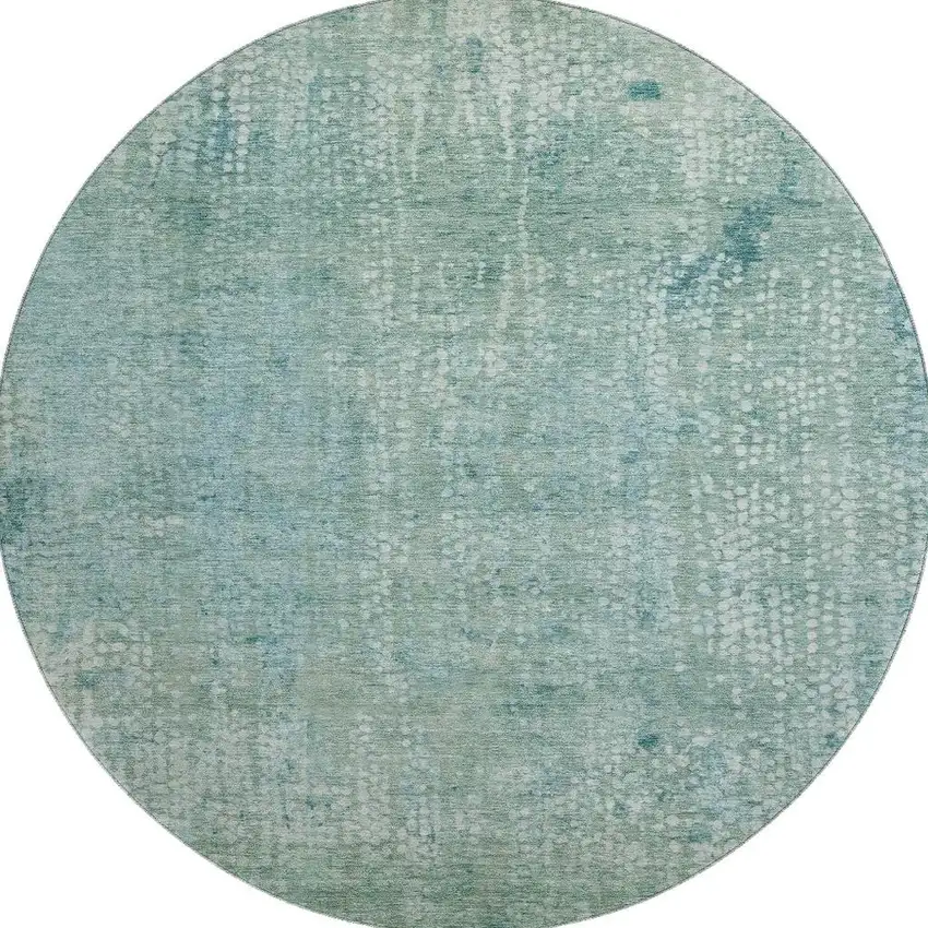 8' Teal And Ivory Abstract Washable Round Rug With UV Protection Photo 4