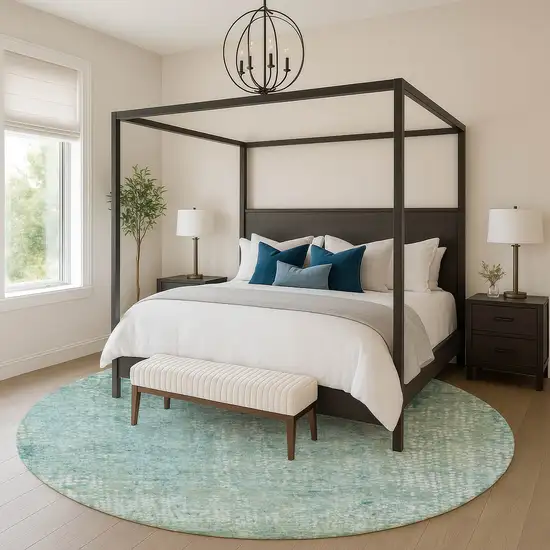 8' Teal And Ivory Abstract Washable Round Rug With UV Protection Photo 5