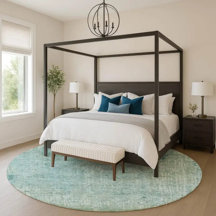 8' Teal And Ivory Abstract Washable Round Rug With UV Protection Photo 5