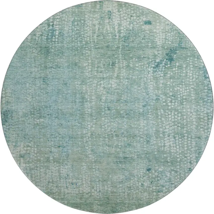 8' Teal And Ivory Abstract Washable Round Rug With UV Protection Photo 1
