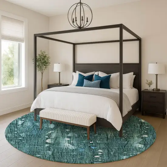 8' Teal And Ivory Abstract Washable Round Rug With UV Protection Photo 5