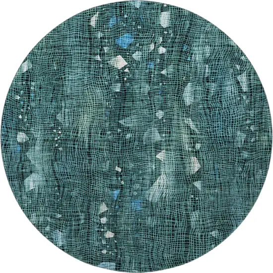 8' Teal And Ivory Abstract Washable Round Rug With UV Protection Photo 4