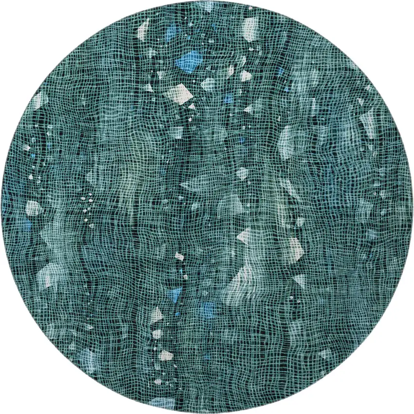 8' Teal And Ivory Abstract Washable Round Rug With UV Protection Photo 4