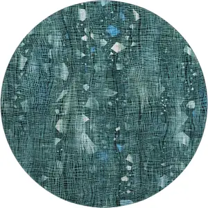 Photo of 8' Teal And Ivory Abstract Washable Round Rug With UV Protection