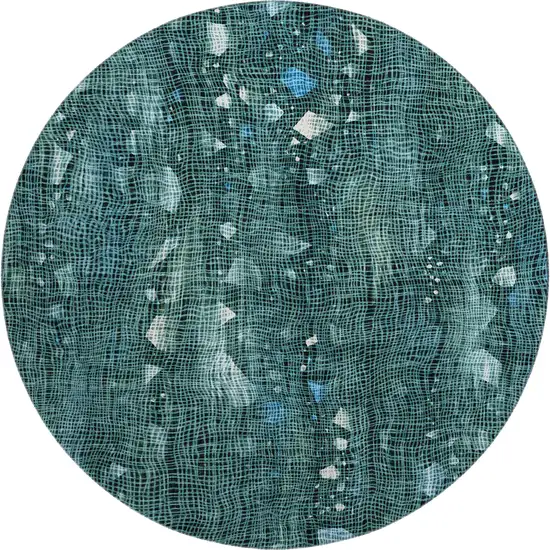 8' Teal And Ivory Abstract Washable Round Rug With UV Protection Photo 1