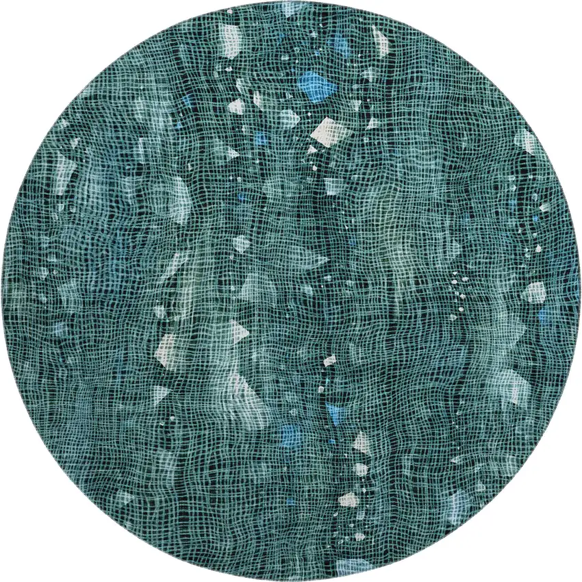 8' Teal And Ivory Abstract Washable Round Rug With UV Protection Photo 1