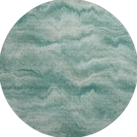 8' Teal And Ivory Abstract Washable Round Rug With UV Protection Photo 4