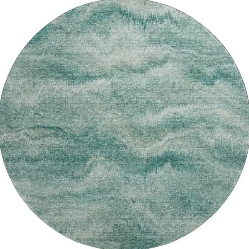 8' Teal And Ivory Abstract Washable Round Rug With UV Protection Photo 4