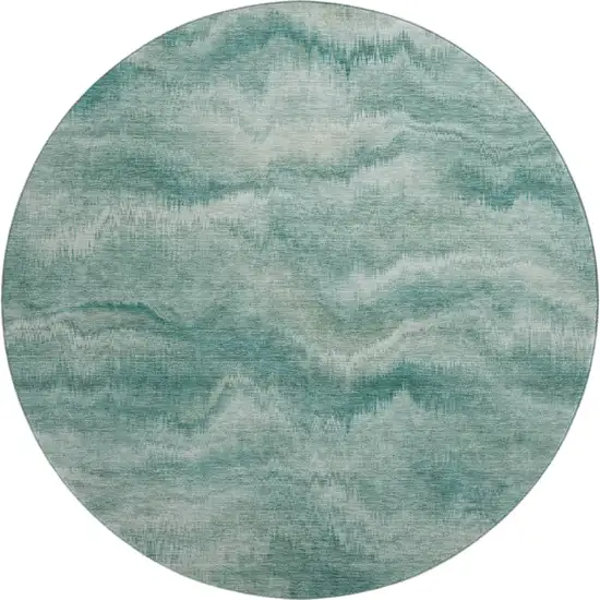 8' Teal And Ivory Abstract Washable Round Rug With UV Protection Photo 1