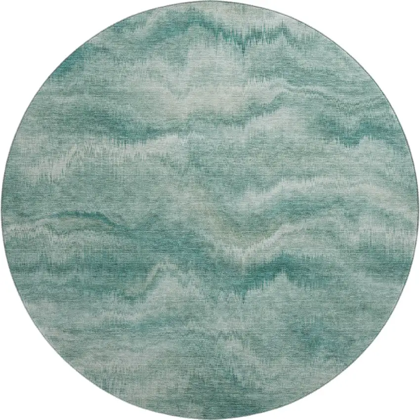 8' Teal And Ivory Abstract Washable Round Rug With UV Protection Photo 1