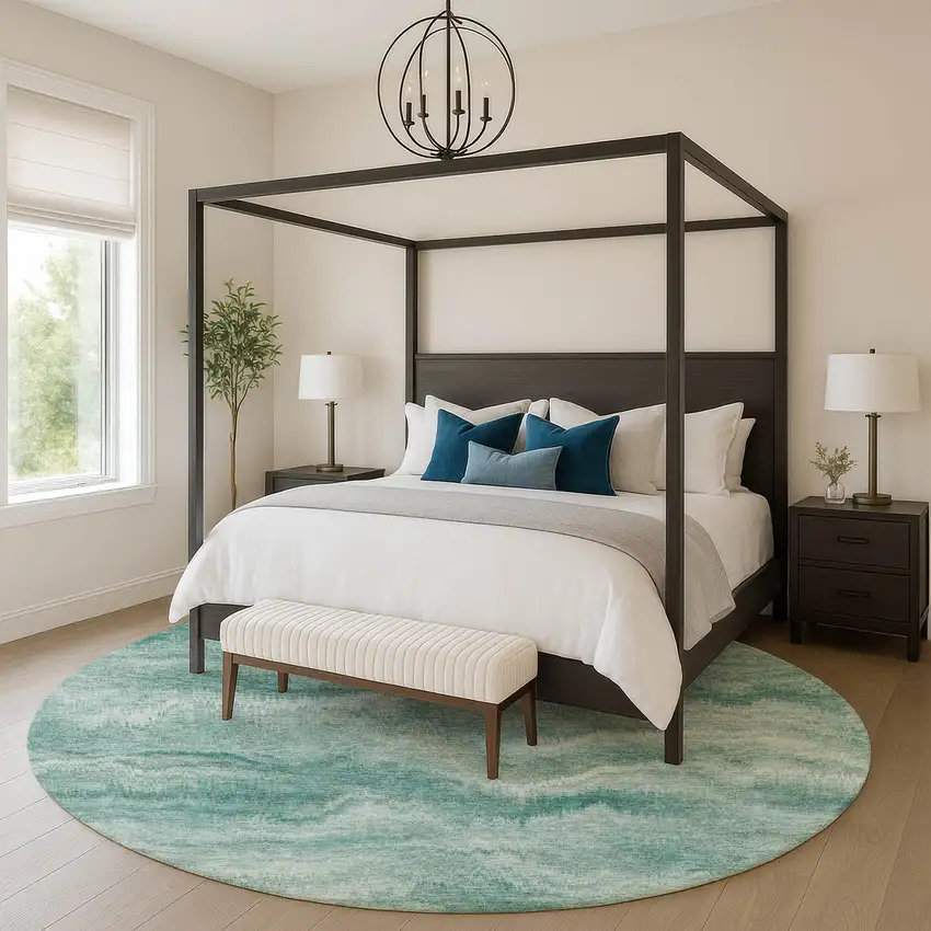 8' Teal And Ivory Abstract Washable Round Rug With UV Protection Photo 5