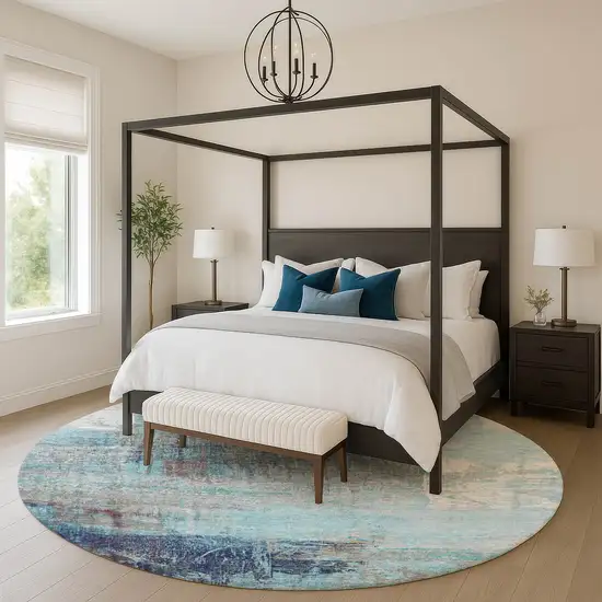 8' Teal And Ivory Abstract Washable Round Rug With UV Protection Photo 5