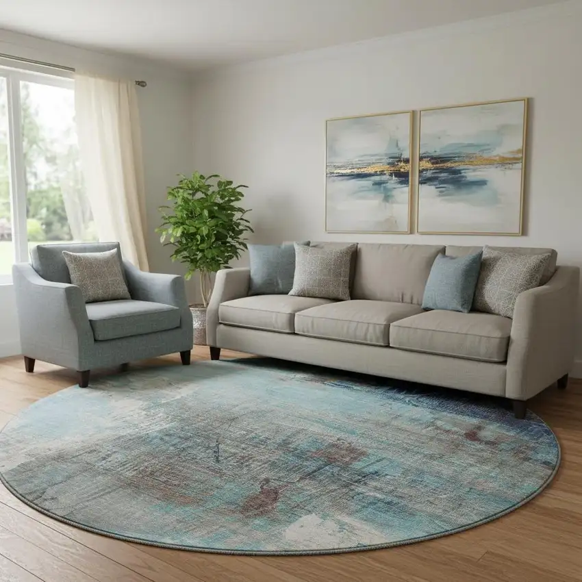 8' Teal And Ivory Abstract Washable Round Rug With UV Protection Photo 1