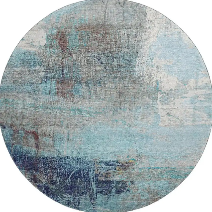 8' Teal And Ivory Abstract Washable Round Rug With UV Protection Photo 4