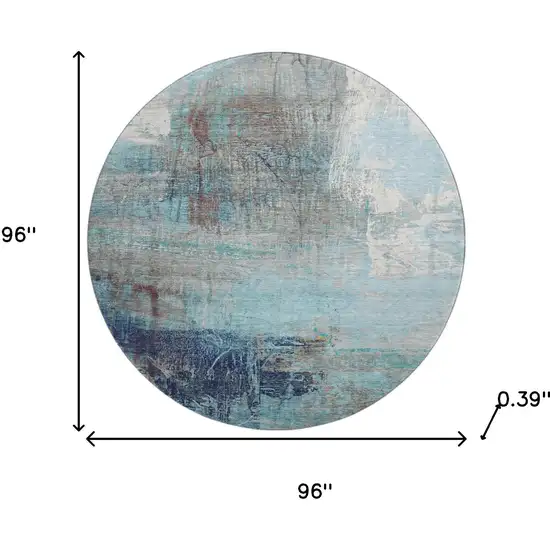 8' Teal And Ivory Abstract Washable Round Rug With UV Protection Photo 8