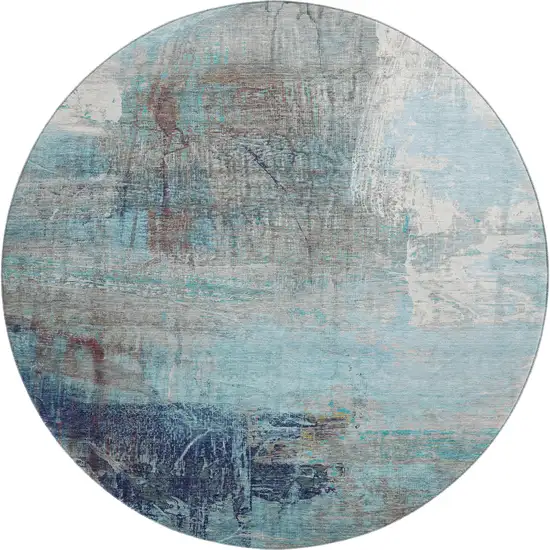 8' Teal And Ivory Abstract Washable Round Rug With UV Protection Photo 1