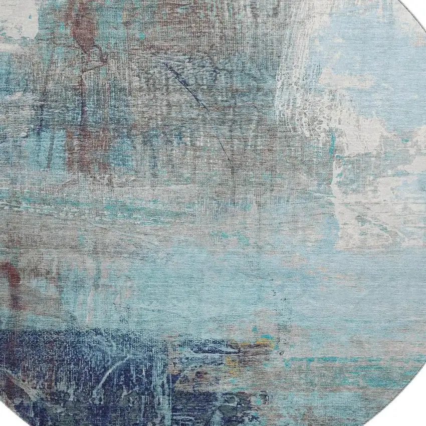 8' Teal And Ivory Abstract Washable Round Rug With UV Protection Photo 3