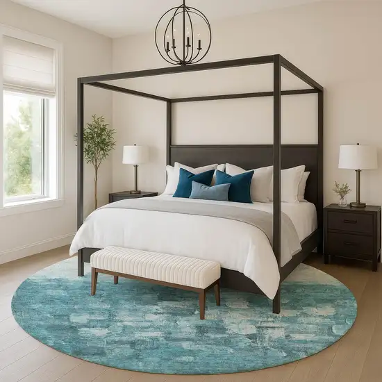 8' Teal And Ivory Abstract Washable Round Rug With UV Protection Photo 5