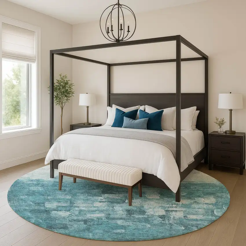 8' Teal And Ivory Abstract Washable Round Rug With UV Protection Photo 5