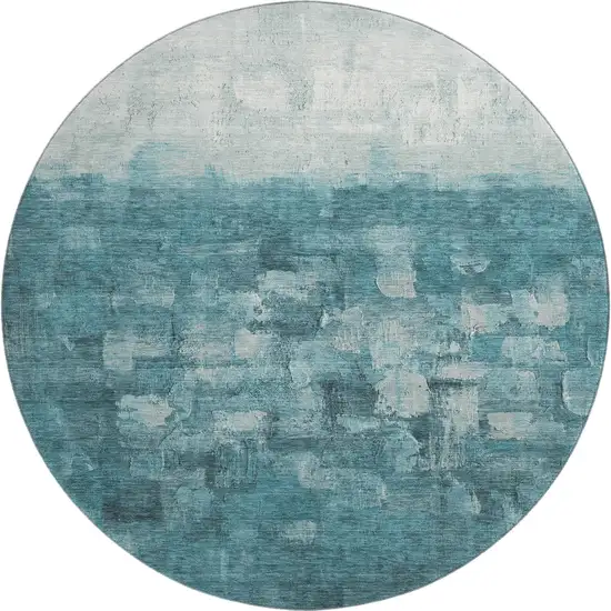8' Teal And Ivory Abstract Washable Round Rug With UV Protection Photo 1